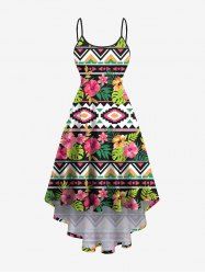 Robe à bretelles asymétrique à imprimé feuilles tropicales et fleurs d'hibiscus grande taille, style hawaïen - Rose clair M