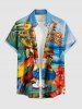 Plus Size Parrot Fruit Juice Hibiscus Flowers Sea Waves Print Buttons Pocket Hawaii Shirt For Men -  