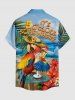 Plus Size Parrot Fruit Juice Hibiscus Flowers Sea Waves Print Buttons Pocket Hawaii Shirt For Men -  