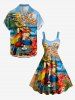 Plus Size Parrot Fruit Juice Hibiscus Flowers Sea Waves Print Hawaii Tank Dress -  