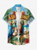 Chemise hawaïenne grande taille pour homme, ornée de fleurs d'hibiscus, de feuilles et d'un imprimé paysage marin, avec boutons et poche. Motif perroquets, hibiscus et fleurs. - Bleu L