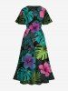 Robe midi hawaïenne fendue à imprimé feuilles tropicales et fleurs d'hibiscus (grande taille) - Vert 5X