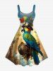 Plus Size Parrot Pilot Engine Print Hawaii A Line Dress - Bleu Ciel 5X