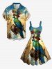Plus Size Parrot Pilot Engine Print Hawaii A Line Dress - Bleu Ciel 5X