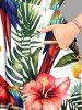 Tropical Leaf Hibiscus Flower Parrot Print Hawaii Split Pocket A Line Midi Dress -  