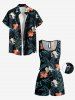 Tropical Leaf Hibiscus Flower Print Hawaii Drawstring Pocket Romper -  