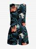 Tropical Leaf Hibiscus Flower Print Hawaii Drawstring Pocket Romper -  