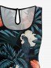 Tropical Leaf Hibiscus Flower Print Hawaii Drawstring Pocket Romper -  