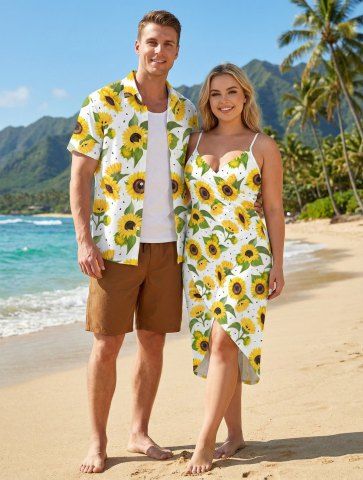 Ensemble de plage hawaïen assorti grande taille à imprimé feuilles de tournesol pour couples - YELLOW