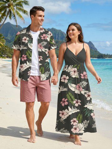 Ensemble de plage hawaïen assorti pour couples, imprimé feuilles tropicales et fleurs d'hibiscus, grandes tailles - GRAY