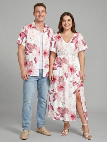 Hibiscus Flower Tropical Print Plus Size Matching Hawaii Beach Outfit For Couples - PINK