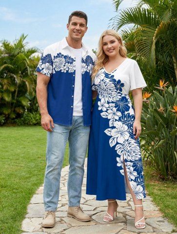 Hibiscus Flower Palm Leaf Two Tone Colorblock Print Plus Size Matching Hawaii Beach Outfit For Couples - BLUE