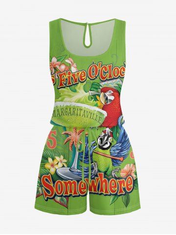 Combinaison hawaïenne grande taille à imprimé perroquet, jus de fruits, fleurs et feuilles, taille cintrée - GREEN - XS