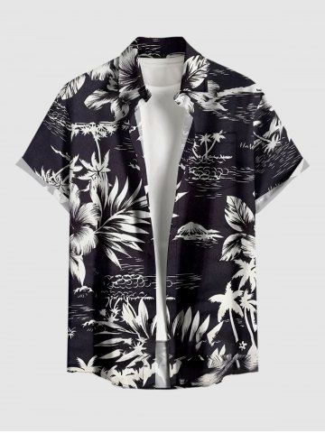 Chemise hawaïenne grande taille pour homme, à imprimé feuilles d'hibiscus et cocotiers, boutons et poche. - BLACK - S