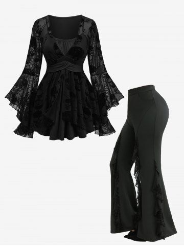 Skulls Lace Trim Flare Sleeve Top and Spider Web Flocking Lettuce Flare Pants Plus Size Outfit - BLACK
