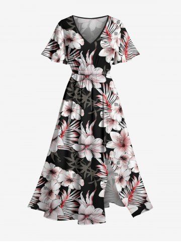 Robe midi hawaïenne fendue à imprimé tropical fleurs et feuilles, grande taille - BLACK - S