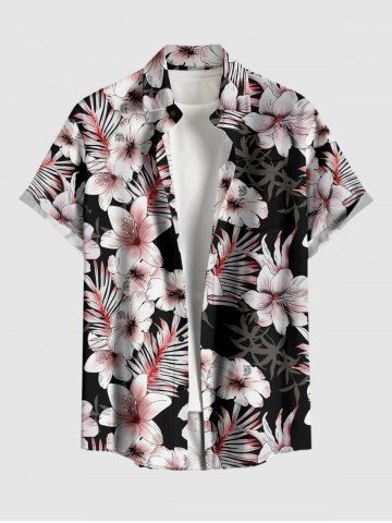 Chemise hawaïenne grande taille pour homme, à imprimé tropical floral et feuilles, boutons et poche. - BLACK - 2XL