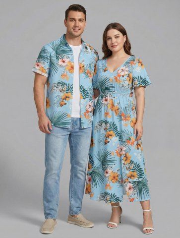 Hibiscus Flowers Tropical Leaf Print Plus Size Matching Hawaii Beach Outfit For Couples
