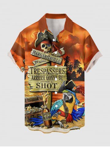 Chemise hawaïenne grande taille pour homme, imprimée avec un crâne de perroquet, un pirate et un motif ombré de ciel, orné d'un cocotier et d'un enseigne. Motif : cocotier, crâne et perroquet. - LIGHT BROWN - 5XL