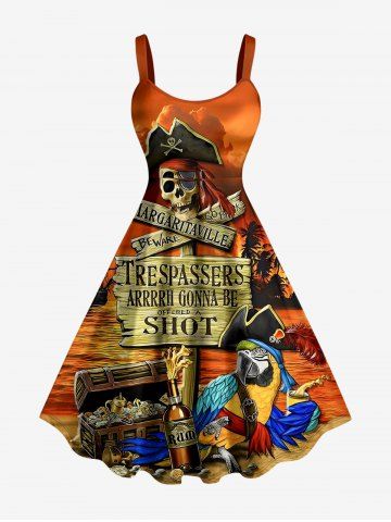 Robe trapèze grande taille imprimée cocotier, crâne de perroquet, pirate et ciel ombré, style hawaïen - LIGHT BROWN - S
