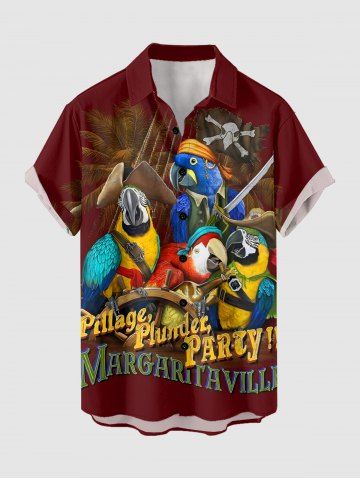 Plus Size Coconut Tree Parrot Pirate Letters Print Hawaii Cruise Button Pocket Shirt For Men - DEEP RED - S