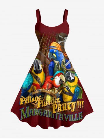 Robe trapèze grande taille imprimée cocotier, perroquet et lettres pirates, motif croisière hawaïenne - DEEP RED - L