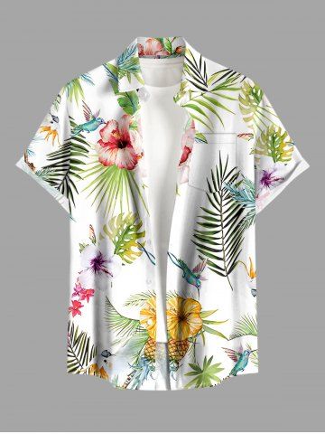 Plus Size Hibiscus Flowers Tropical Leaf Pineapple Bird Print Buttons Pocket Hawaii Shirt For Men - WHITE - S