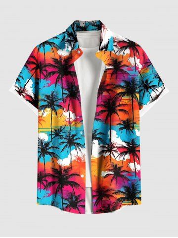 Chemise hawaïenne grande taille pour homme, imprimée ciel coloré et cocotiers, avec boutons et poche. - MULTI - L