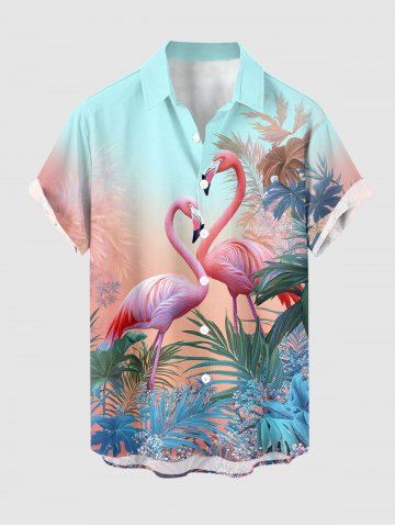 Chemise hawaïenne grande taille pour homme, imprimé flamants roses et feuilles tropicales ombrées, boutons et poche. - LIGHT BLUE - L