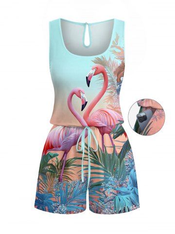 Combinaison hawaïenne grande taille à imprimé flamant rose et feuilles tropicales ombrées, cintrée - LIGHT BLUE - 5X