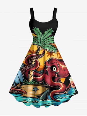 Robe hawaïenne grande taille à imprimé motif pieuvre et cocotier - BLACK - S