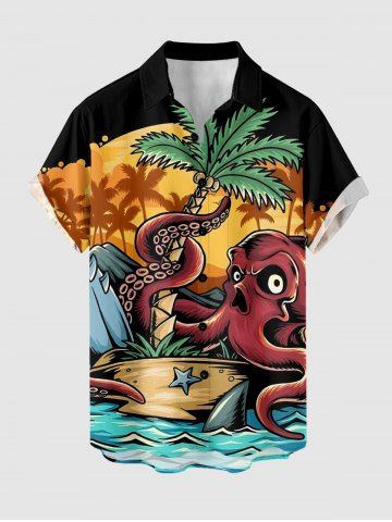 Plus Size Coconut Tree Octopus Cartoon Graphic Print Hawaii Button Pocket Shirt For Men - BLACK - 2XL