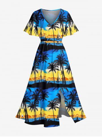 Robe midi fendue hawaïenne à imprimé cocotier et voilier grande taille - DEEP BLUE - 6X