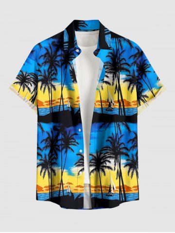 Chemise hawaïenne grande taille pour homme, imprimée de cocotiers et de voiliers, avec boutons et poche. Modèle hawaïenne à motifs marins et de paysages marins. Tailles généreuses. Pour homme. - DEEP BLUE - L