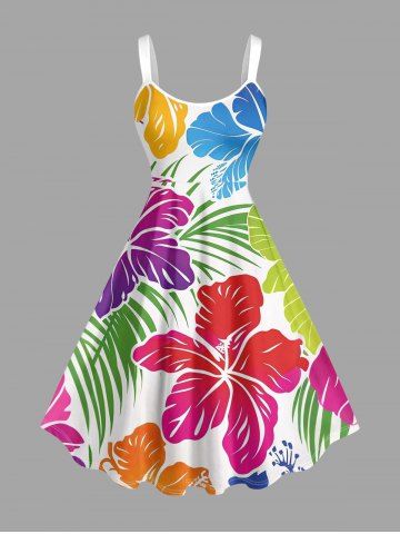 Robe trapèze hawaïenne à imprimé floral tropical et feuilles d'hibiscus grande taille - WHITE - XS