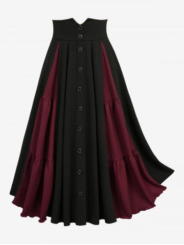 Plus Size Two Tone Patchwork Buttons A Line Skirt - BLACK - 3X | US 22-24