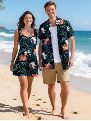 Matching Hawaii Shirt and Romper Plus Size Beach Outfit Tropical Leaf Hibiscus Flower Print For Couples -  