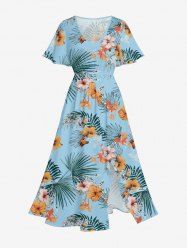 Robe midi hawaïenne fendue à imprimé feuilles tropicales et fleurs d'hibiscus (grande taille) - Bleu Toile de Jean 5X