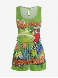 Parrot Fruit Juice Flowers Leaf Print Cinched Hawaii Romper -  