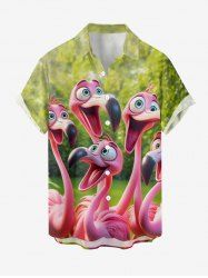 Plus Size Flamingo Trees Print Buttons Pocket Hawaii Shirt For Men -  