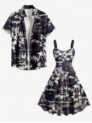 Coconut Tree Hibiscus Flower Leaf Print Plus Size Matching Hawaii Beach Outfit For Couples -  