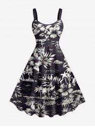 Robe débardeur hawaïenne grande taille à imprimé cocotier, hibiscus et feuilles - Noir 2X