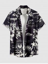 Plus Size Coconut Tree Hibiscus Flower Leaf Print Buttons Pocket Hawaii Shirt For Men -  