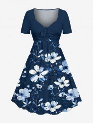 Robe hawaïenne grande taille à imprimé fleurs et feuilles, cintrée - Cadetblue 5X