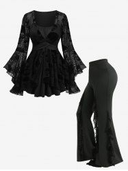 Skulls Lace Trim Flare Sleeve Top and Spider Web Flocking Lettuce Flare Pants Plus Size Outfit -  