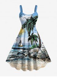 Robe débardeur grande taille imprimée paysage marin, cocotier, bateau soleil et vagues, style hawaïen - Bleu Ciel 5X