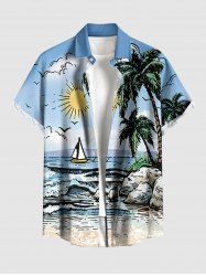 Chemise hawaïenne grande taille pour homme, imprimé paysage marin, cocotier, soleil, bateau et vagues, boutons et poche. - Bleu Ciel S