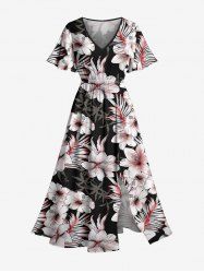 Robe midi hawaïenne fendue à imprimé tropical fleurs et feuilles, grande taille - Noir 5X