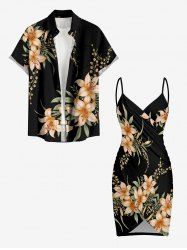 Flower Leaf Branch Print Plus Size Matching Hawaii Beach Outfit For Couples -  