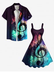 Tenue de plage hawaïenne assortie pour couples, grande taille, imprimé galaxie ombrée et symboles musicaux - Concorde 